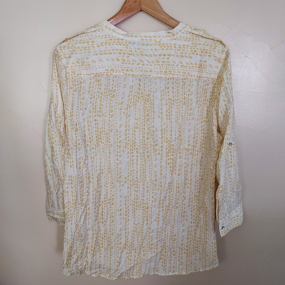 Yellow White Geometric Popover Blouse Roll Tab Sleeve Large Coastal